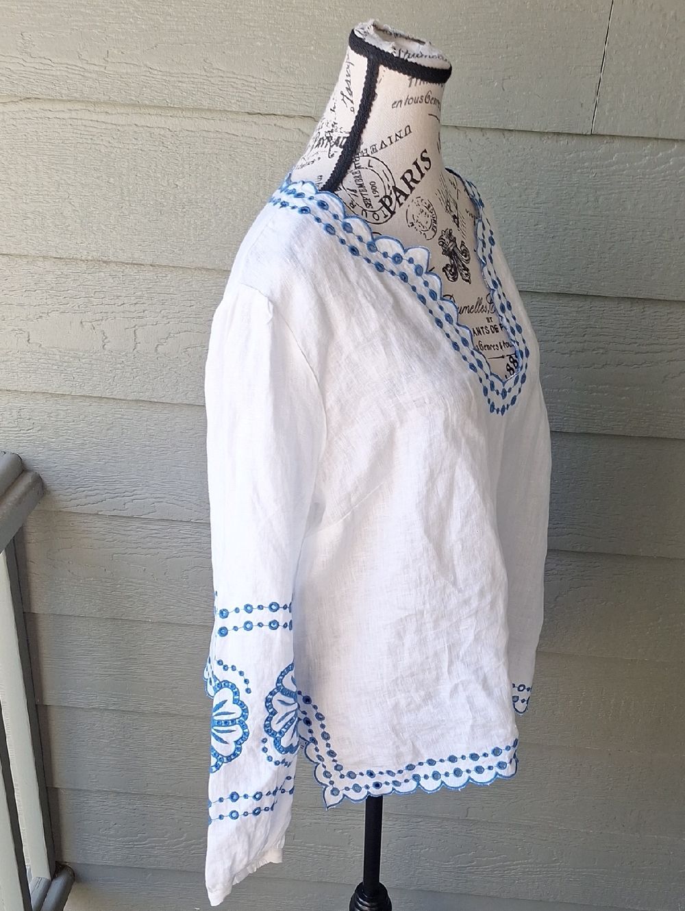 J. Crew Bungalow Embroidered Tunic Top Linen White & Blue Size L - Picture 5 of 12